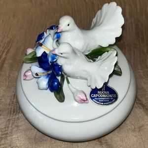 Rare Capodimonte Porcelain Floral and Bird Trinket Box “Love Doves”